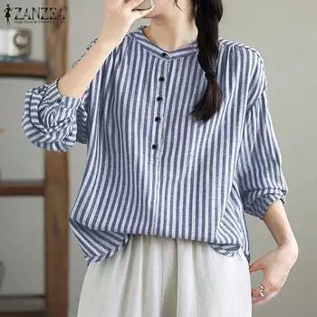 ZANZEA Женская повседневная блузка в полоску с круглым вырезом и длинным рукавом 2XL зелёный