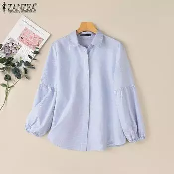 ZANZEA Женская повседневная блузка в полоску с отложным воротником и рукавом девять четвертей S зелёный