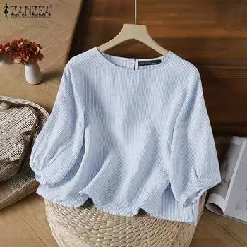 ZANZEA Женская повседневная блузка в полоску с круглым вырезом и рукавом 3/4 M синий