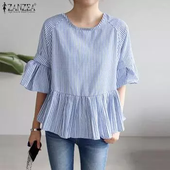 ZANZEA Женская повседневная блузка в полоску с круглым вырезом и рукавом 3/4 S зелёный