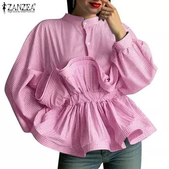 ZANZEA Женская повседневная блузка с круглым вырезом, длинными рукавами, 3D-рюшами, лоскутным дизайном и свободной полоской S чёрный