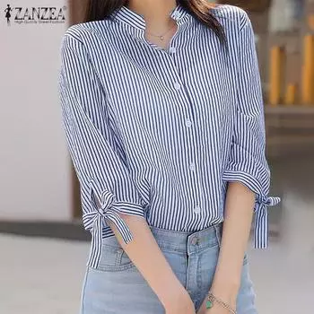 ZANZEA Женская повседневная блузка в полоску с воротником-стойкой и рукавом 3/4 S синий