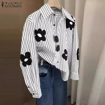 ZANZEA Женская повседневная блузка в полоску с отложным воротником и длинными рукавами в цветочек S коричневый