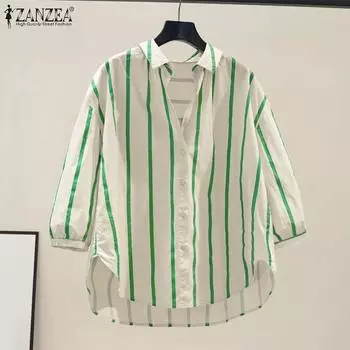 ZANZEA Женская повседневная блузка в полоску с отложным воротником и рукавом 3/4 L чёрный