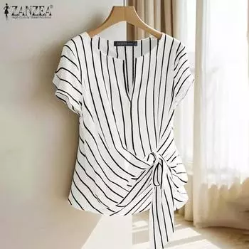 ZANZEA Женская повседневная блузка в полоску с V-образным вырезом и коротким рукавом на шнуровке S белый