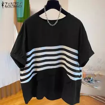 ZANZEA Женская повседневная блузка в полоску с круглым вырезом и коротким рукавом S чёрный