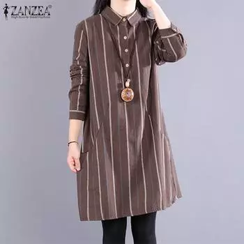 ZANZEA Женская повседневная блузка в полоску с отложным воротником и длинными рукавами