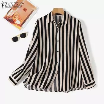 ZANZEA Женская повседневная блузка в полоску с отложным воротником и длинными рукавами L чёрный
