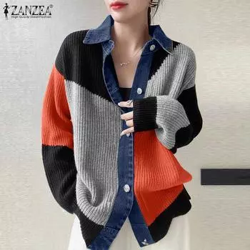 ZANZEA Женская повседневная блузка в стиле пэчворк с отложным воротником и длинным рукавом S оранжевый