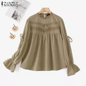 ZANZEA Женская повседневная блузка в стиле пэчворк с круглым вырезом и длинным рукавом S светло-коричневого