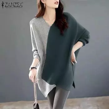 Женская повседневная футболка ZANZEA с длинным рукавом и неровным подолом в стиле пэчворк S темно-серого