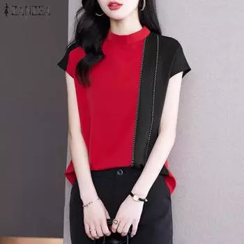 Женская повседневная футболка ZANZEA с круглым вырезом и коротким рукавом контрастного цвета 5XL жёлтый