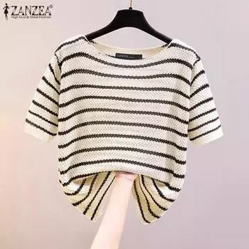 ZANZEA Женская повседневная футболка с круглым вырезом и коротким рукавом в полоску M бежевый