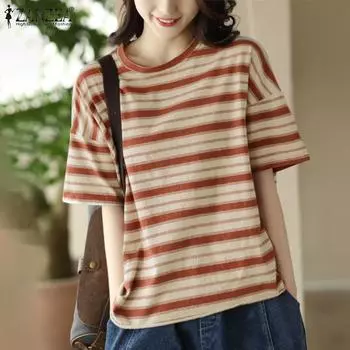 Женская повседневная футболка ZANZEA с коротким рукавом и круглым вырезом в полоску M коричневый