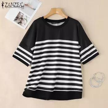 ZANZEA Женская повседневная футболка в полоску с круглым вырезом и коротким рукавом S чёрный