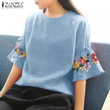 ZANZEA Женская повседневная хлопковая блузка с круглым вырезом и рукавами 3/4 с цветочной вышивкой