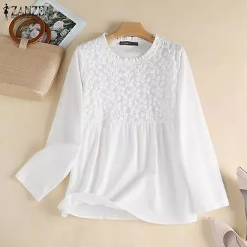 ZANZEA Женская повседневная хлопковая блузка с круглым вырезом и длинными рукавами с вышивкой, топы