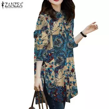 ZANZEA Женская повседневная хлопковая блузка с круглым вырезом и длинным рукавом с цветочным принтом S жёлтый