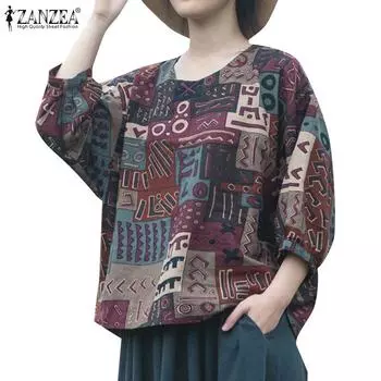 ZANZEA Женская повседневная хлопковая блузка с круглым вырезом и половиной рукавов в стиле ретро, топы