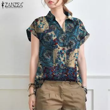 ZANZEA Женская повседневная хлопковая блузка с отложным воротником и коротким рукавом с принтом L красный