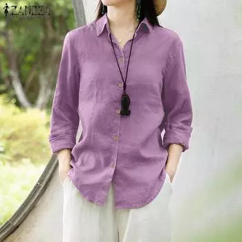 ZANZEA Женская повседневная хлопковая блузка с отложным воротником и длинными рукавами белый