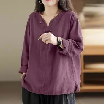 ZANZEA Женская повседневная хлопковая блузка с v-образным вырезом и длинными рукавами, топы M фиолетовый