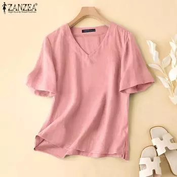 ZANZEA Женская повседневная хлопковая блузка с v-образным вырезом и короткими рукавами S жёлтый