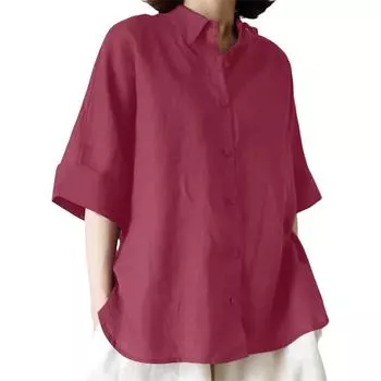 ZANZEA Женская повседневная хлопковая блузка свободного кроя с рукавами 3/4 и отложным воротником S