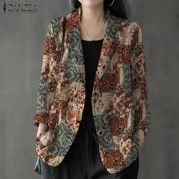 ZANZEA Женская повседневная хлопковая льняная кардиган с длинным рукавом и этническим принтом Верхняя одежда XL синий