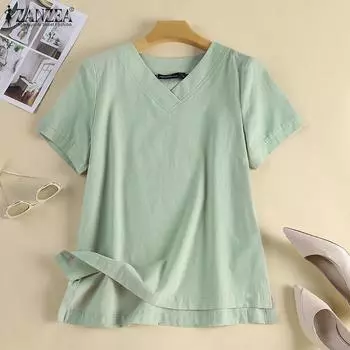 ZANZEA Женская повседневная хлопковая летняя блузка с короткими рукавами и v-образным вырезом S темно-синий