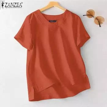 ZANZEA Женская повседневная хлопковая летняя блузка с короткими рукавами и v-образным вырезом S темно-синий