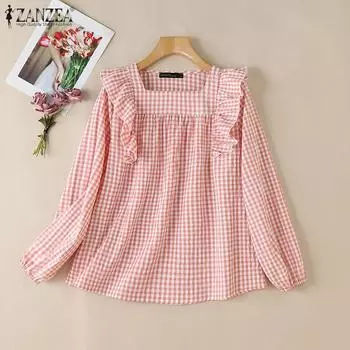 ZANZEA Женская повседневная клетчатая блузка с длинным рукавом и квадратным вырезом S розовый