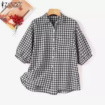 ZANZEA Женская повседневная клетчатая блузка с отложным воротником и рукавами 3/4
