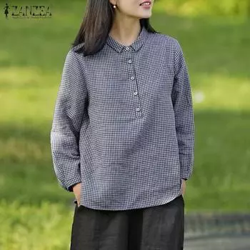 ZANZEA Женская повседневная клетчатая блузка с отложным воротником и длинными рукавами S зелёный