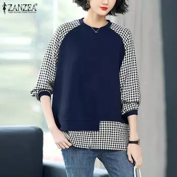 ZANZEA Женская повседневная клетчатая лоскутная толстовка с круглым вырезом и длинными рукавами S вино красного