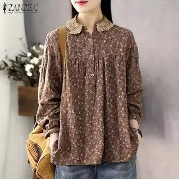 ZANZEA Женская повседневная кружевная блузка с длинным рукавом и цветочным принтом в стиле пэчворк M темно-синий