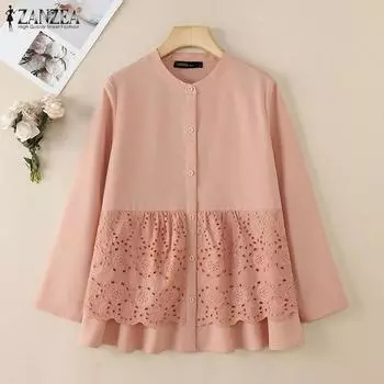 ZANZEA Женская повседневная кружевная блузка с длинным рукавом в стиле пэчворк S белый