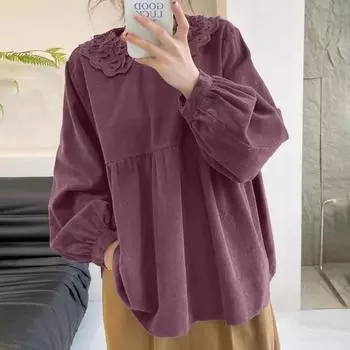 ZANZEA Женская повседневная кружевная блузка с длинным рукавом и вязанным крючком воротником-стойкой S хаки