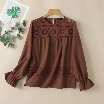 ZANZEA Женская повседневная кружевная блузка с длинным рукавом и вязкой крючком 4XL коричневый