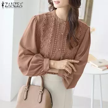 ZANZEA Женская повседневная кружевная блузка с длинным рукавом в стиле пэчворк 2XL белый