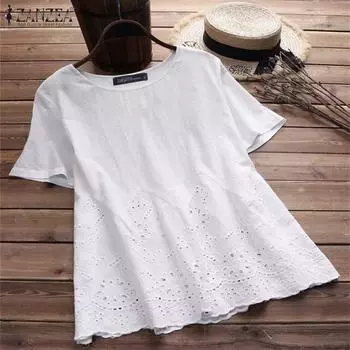 ZANZEA Женская повседневная блузка с коротким рукавом и кружевом в стиле пэчворк с круглым вырезом S белый