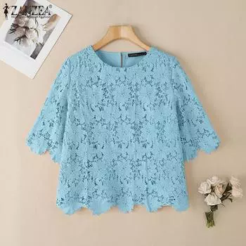 ZANZEA Женская повседневная кружевная блузка с коротким рукавом, вязанная крючком, лоскутная летняя S розовый