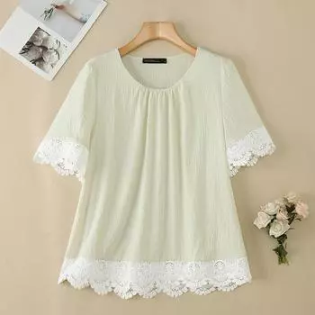 ZANZEA Женская повседневная кружевная блузка с короткими рукавами и круглым вырезом S бежевый