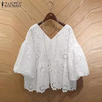 ZANZEA Женская повседневная кружевная блузка с короткими рукавами в стиле пэчворк с ажурным узором S розовый