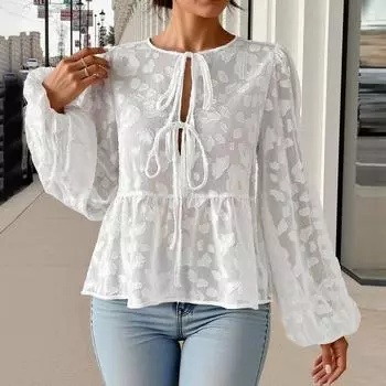 ZANZEA Женская повседневная кружевная блузка с круглым вырезом и длинным рукавом, полупрозрачная, накидка S белый
