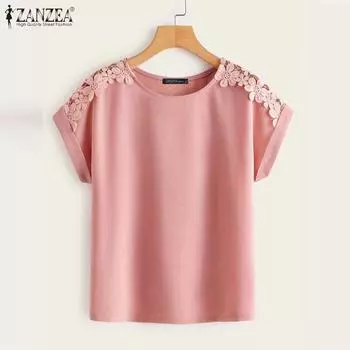 ZANZEA Женская повседневная кружевная блузка с круглым вырезом и коротким рукавом 4XL жёлтый
