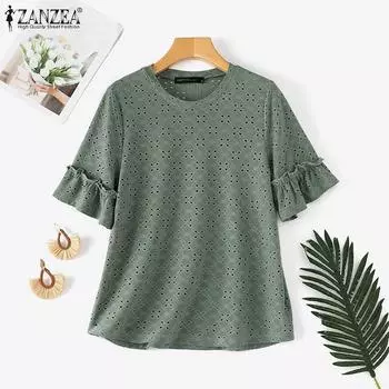 ZANZEA Женская повседневная кружевная блузка с круглым вырезом и коротким рукавом, связанная крючком