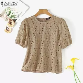 ZANZEA Женская повседневная кружевная блузка с круглым вырезом и короткими рукавами M чёрный