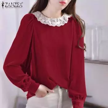 ZANZEA Женская повседневная кружевная блузка с круглым вырезом и длинным рукавом в стиле пэчворк M вино красного