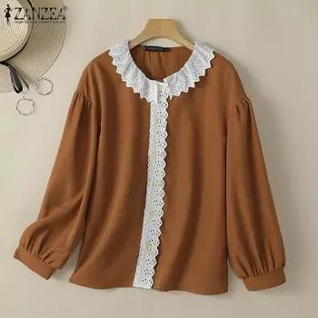 ZANZEA Женская повседневная кружевная блузка с круглым вырезом и длинными рукавами S коричневый